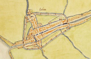 <p>De stadsplattegrond van Edam van Jacob van Deventer uit omstreeks 1560. De stad ontwikkelde zich na 1357 met name in oostelijke richting naar de Zuiderzee langs de Voorhaven. </p>
